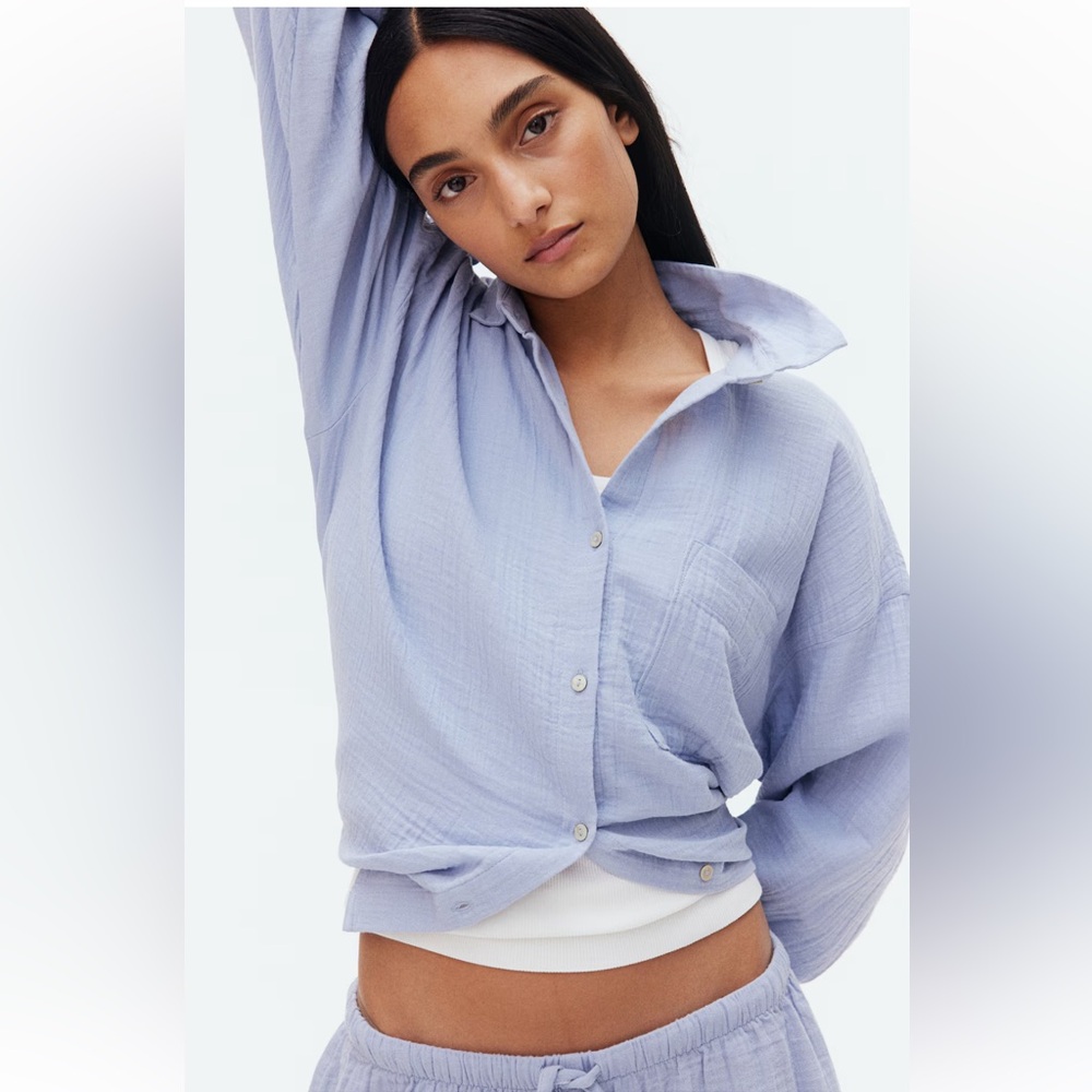 Women's Light Blue Button-Up Shirt & Short Set